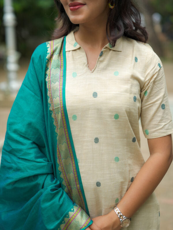 TheHandStitch Ivory Beige Kurti Set with Teal Blue Dupatta Elegant Traditional Wear for Women