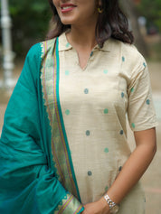 TheHandStitch Ivory Beige Kurti Set with Teal Blue Dupatta Elegant Traditional Wear for Women