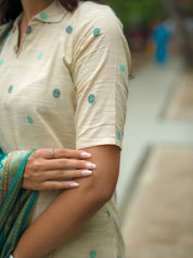 TheHandStitch Ivory Beige Kurti Set with Teal Blue Dupatta Elegant Traditional Wear for Women