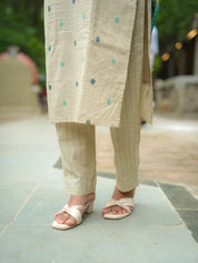 TheHandStitch Ivory Beige Kurti Set with Teal Blue Dupatta Elegant Traditional Wear for Women