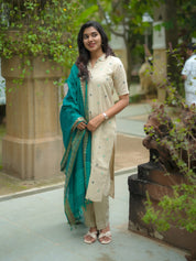 TheHandStitch Ivory Beige Kurti Set with Teal Blue Dupatta Elegant Traditional Wear for Women