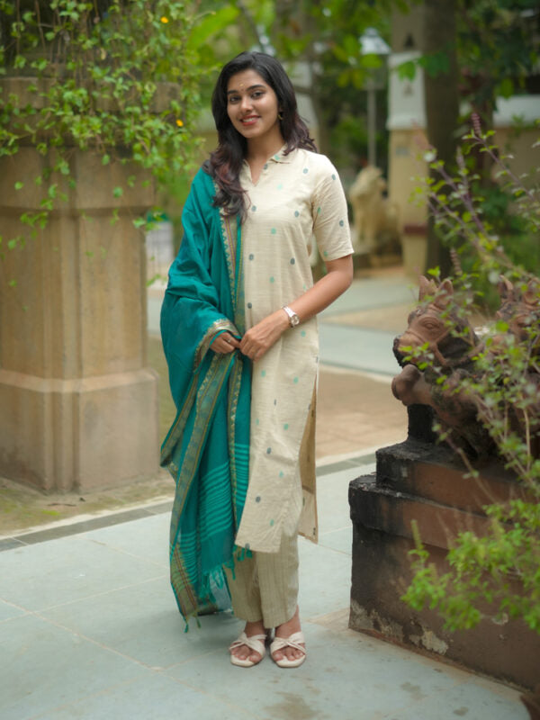TheHandStitch Ivory Beige Kurti Set with Teal Blue Dupatta Elegant Traditional Wear for Women