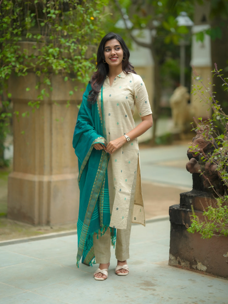 TheHandStitch Ivory Beige Kurti Set with Teal Blue Dupatta Elegant Traditional Wear for Women