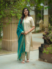 TheHandStitch Ivory Beige Kurti Set with Teal Blue Dupatta Elegant Traditional Wear for Women