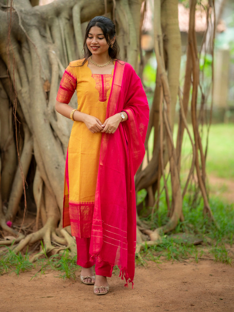 Mustard Yellow Kurta Set with Pink Dupatta for Women Festive Traditional Ethnic Wear