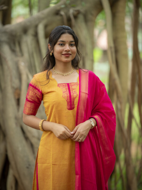 Mustard Yellow Kurta Set with Pink Dupatta for Women Festive Traditional Ethnic Wear