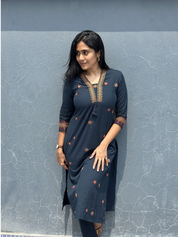 Midnight Ember Embroidered Kurta for Women Elegant Navy Ethnic Wear