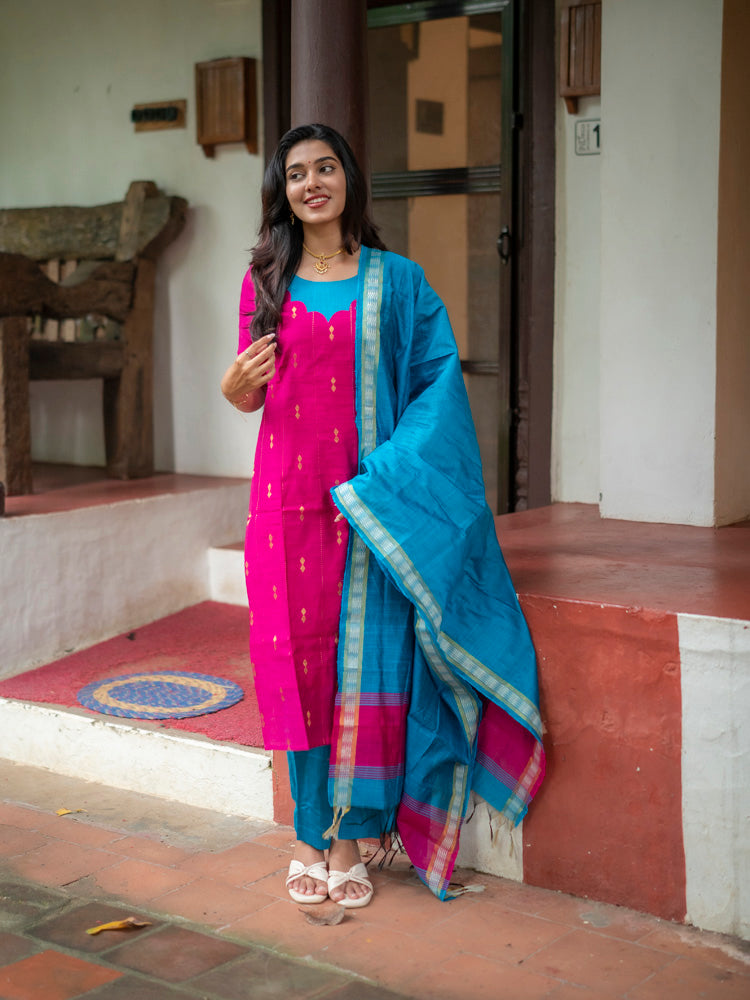 Pink Kurta Set with Sky Blue Dupatta for Women Traditional Festive Ethnic Wear