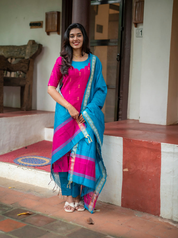Pink Kurta Set with Sky Blue Dupatta for Women Traditional Festive Ethnic Wear