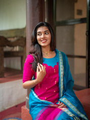 Pink Kurta Set with Sky Blue Dupatta for Women Traditional Festive Ethnic Wear