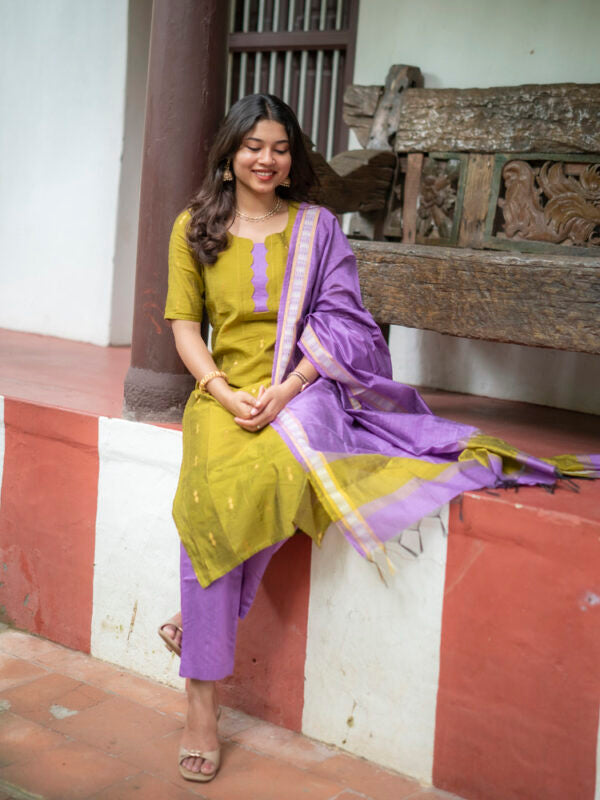 Olive Green Kurta Set with Lavender Dupatta for Women Elegant Festive Ethnic Wear