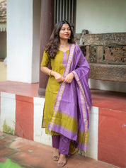 Olive Green Kurta Set with Lavender Dupatta for Women Elegant Festive Ethnic Wear