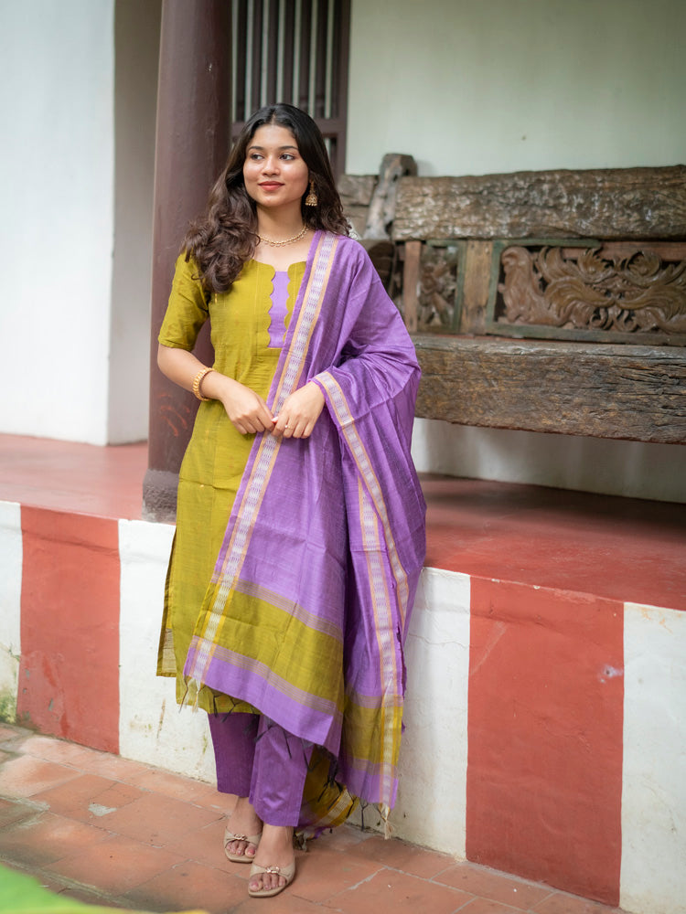 Olive Green Kurta Set with Lavender Dupatta for Women Elegant Festive Ethnic Wear