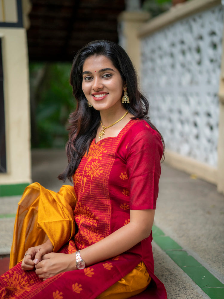Maroon Kurta Set with Mustard Dupatta for Women Traditional Festive Ethnic Wear