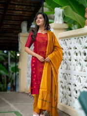 Maroon Kurta Set with Mustard Dupatta for Women Traditional Festive Ethnic Wear