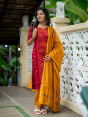 Maroon Kurta Set with Mustard Dupatta for Women Traditional Festive Ethnic Wear