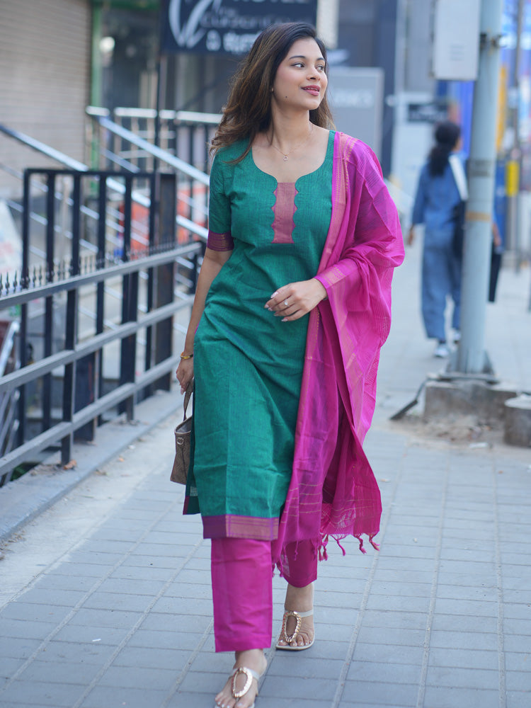 Teal Green Kurta Set with Pink Dupatta for Women Festive Ethnic Wear