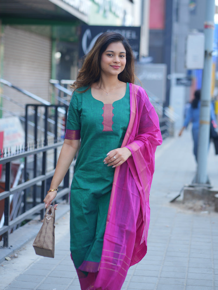 Teal Green Kurta Set with Pink Dupatta for Women Festive Ethnic Wear