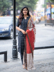 Charcoal Black Checked Kurta Set with Printed Dupatta for Women Elegant Ethnic Wear