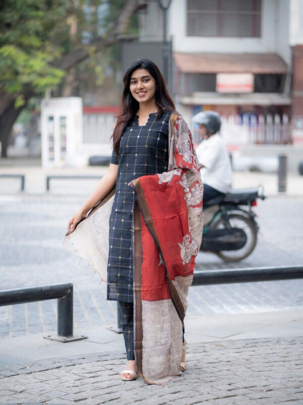 Charcoal Black Checked Kurta Set with Printed Dupatta for Women Elegant Ethnic Wear