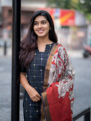 Charcoal Black Checked Kurta Set with Printed Dupatta for Women Elegant Ethnic Wear