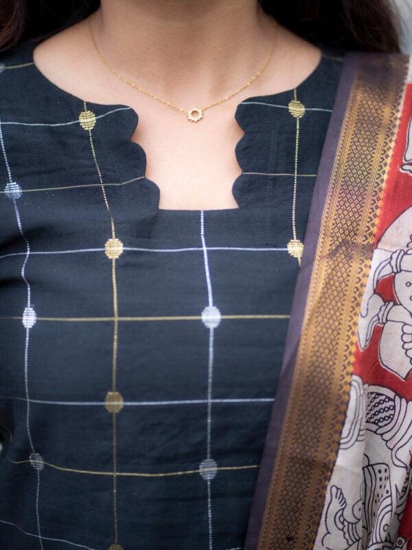 Charcoal Black Checked Kurta Set with Printed Dupatta for Women Elegant Ethnic Wear