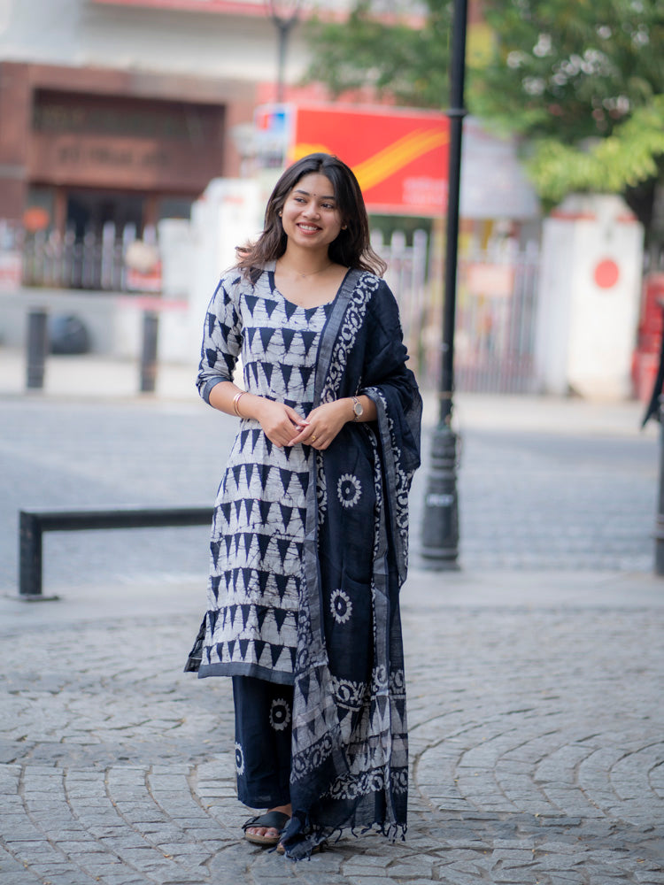 Indigo Batik Kurta Set with Black Dupatta for Women Handcrafted Ethnic Wear
