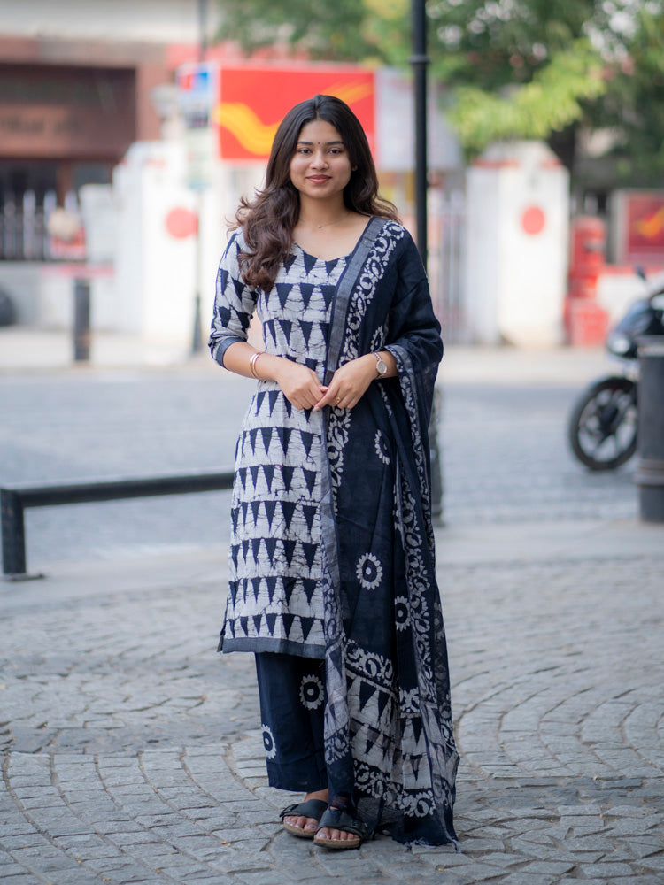 Indigo Batik Kurta Set with Black Dupatta for Women Handcrafted Ethnic Wear