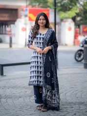Indigo Batik Kurta Set with Black Dupatta for Women Handcrafted Ethnic Wear