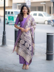 Royal Purple Kurta Set with Artistic Printed Dupatta for Women Elegant Ethnic Wear