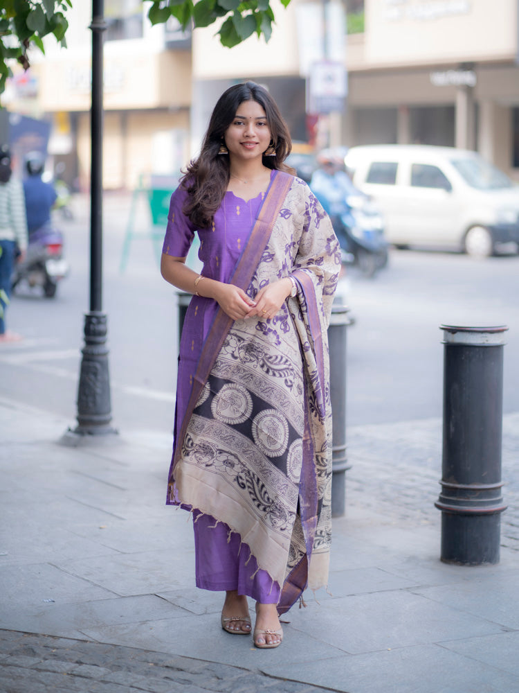Royal Purple Kurta Set with Artistic Printed Dupatta for Women Elegant Ethnic Wear