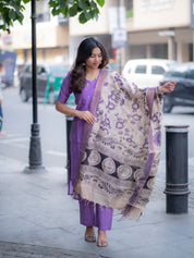 Royal Purple Kurta Set with Artistic Printed Dupatta for Women Elegant Ethnic Wear