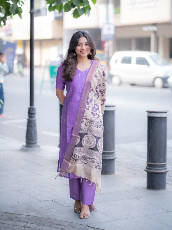 Royal Purple Kurta Set with Artistic Printed Dupatta for Women Elegant Ethnic Wear
