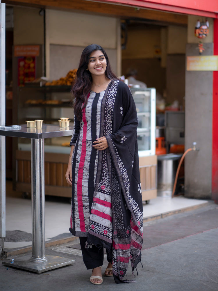 Black Printed Kurta Set with Artisan Dupatta for Women Modern Ethnic Wear