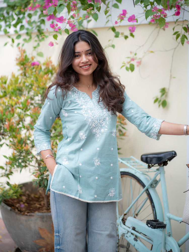 Powder Blue Embroidered Short Kurti for Women Elegant Casual Ethnic Wear