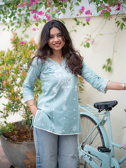 Powder Blue Embroidered Short Kurti for Women Elegant Casual Ethnic Wear