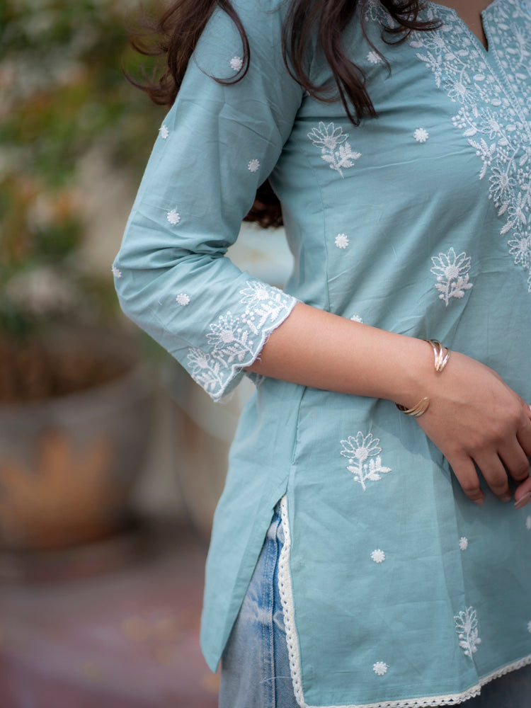 Powder Blue Embroidered Short Kurti for Women Elegant Casual Ethnic Wear