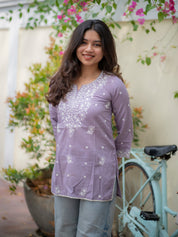 Lavender Chikankari Short Kurti for Women Elegant Embroidered Casual Wear