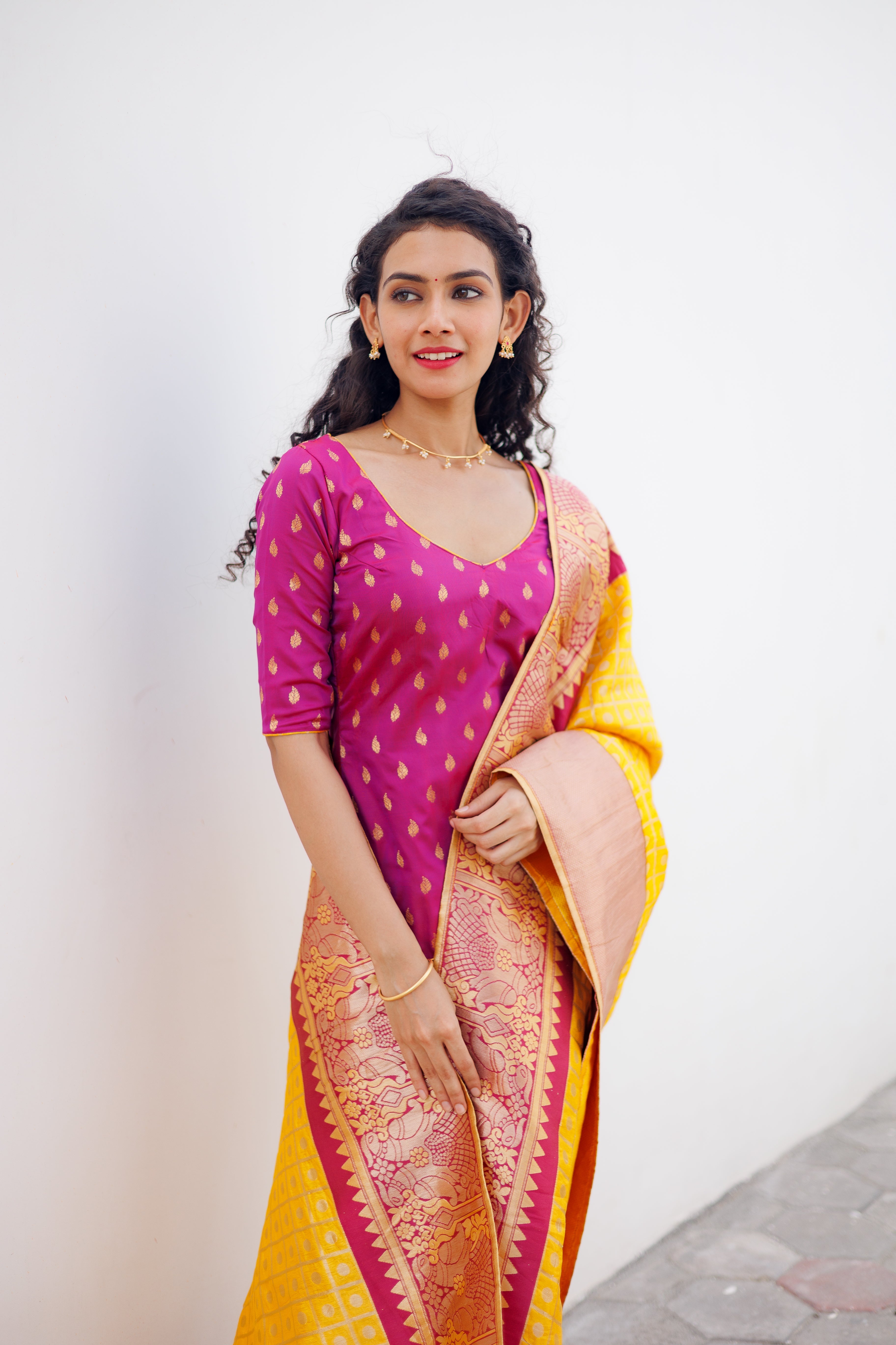 Pink Ethnic Kurta Set for Women with Yellow Banarasi Dupatta Festive Traditional Wear