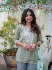 Sage Green Embroidered Short Kurti for Women Minimal Ethnic Casual Wear