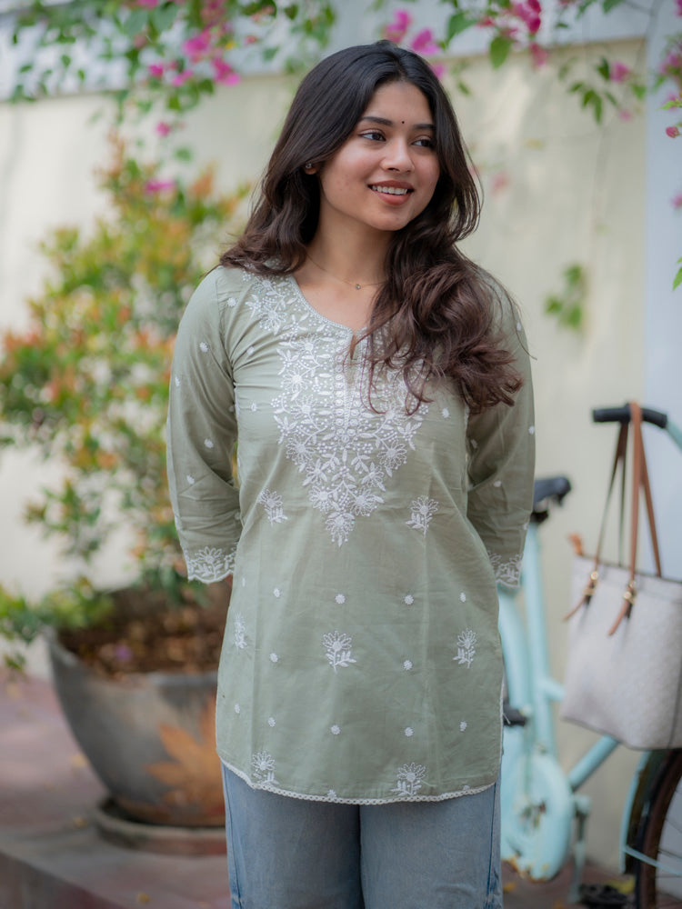 Sage Green Embroidered Short Kurti for Women Minimal Ethnic Casual Wear