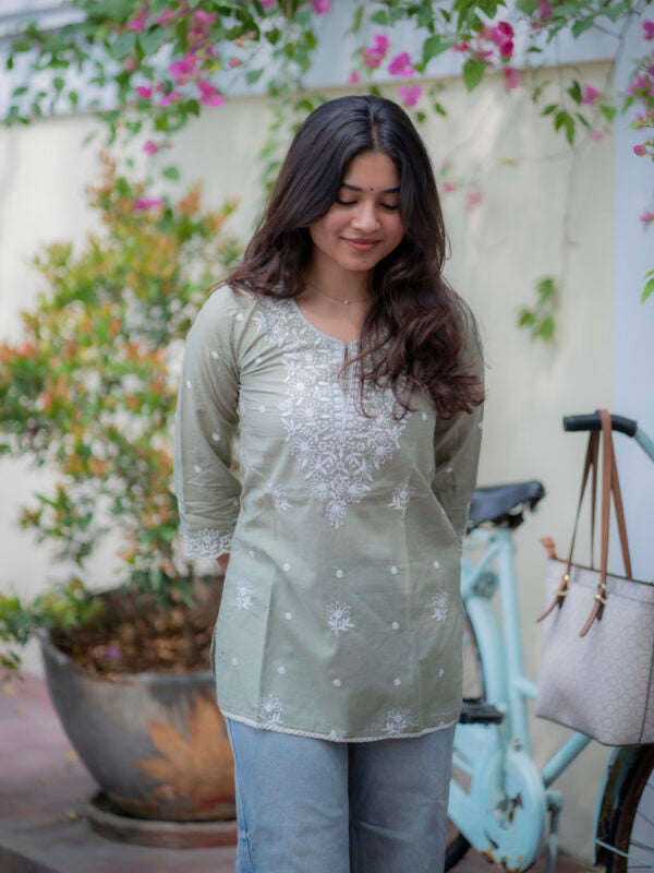 Sage Green Embroidered Short Kurti for Women Minimal Ethnic Casual Wear