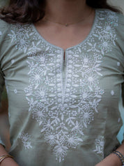Sage Green Embroidered Short Kurti for Women Minimal Ethnic Casual Wear