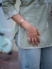 Sage Green Embroidered Short Kurti for Women Minimal Ethnic Casual Wear