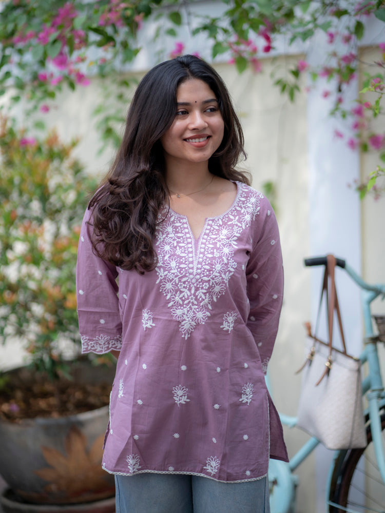 Mauve Floral Embroidered Short Kurti for Women Elegant Casual Ethnic Wear