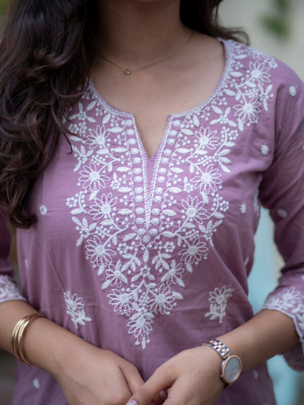 Mauve Floral Embroidered Short Kurti for Women Elegant Casual Ethnic Wear