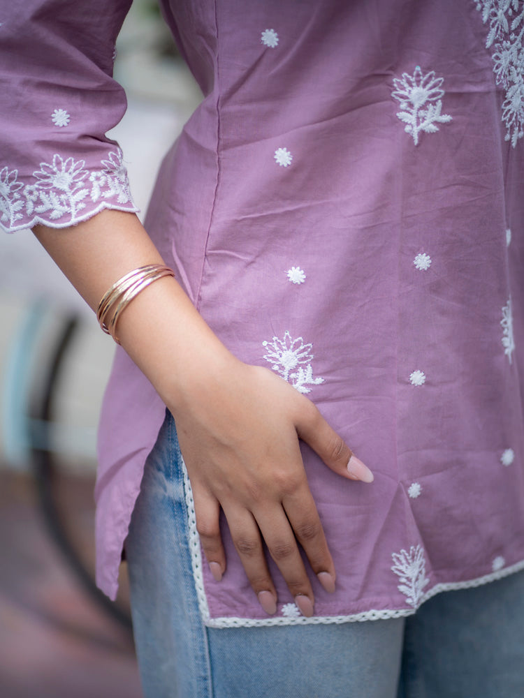 Mauve Floral Embroidered Short Kurti for Women Elegant Casual Ethnic Wear