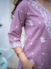 Mauve Floral Embroidered Short Kurti for Women Elegant Casual Ethnic Wear
