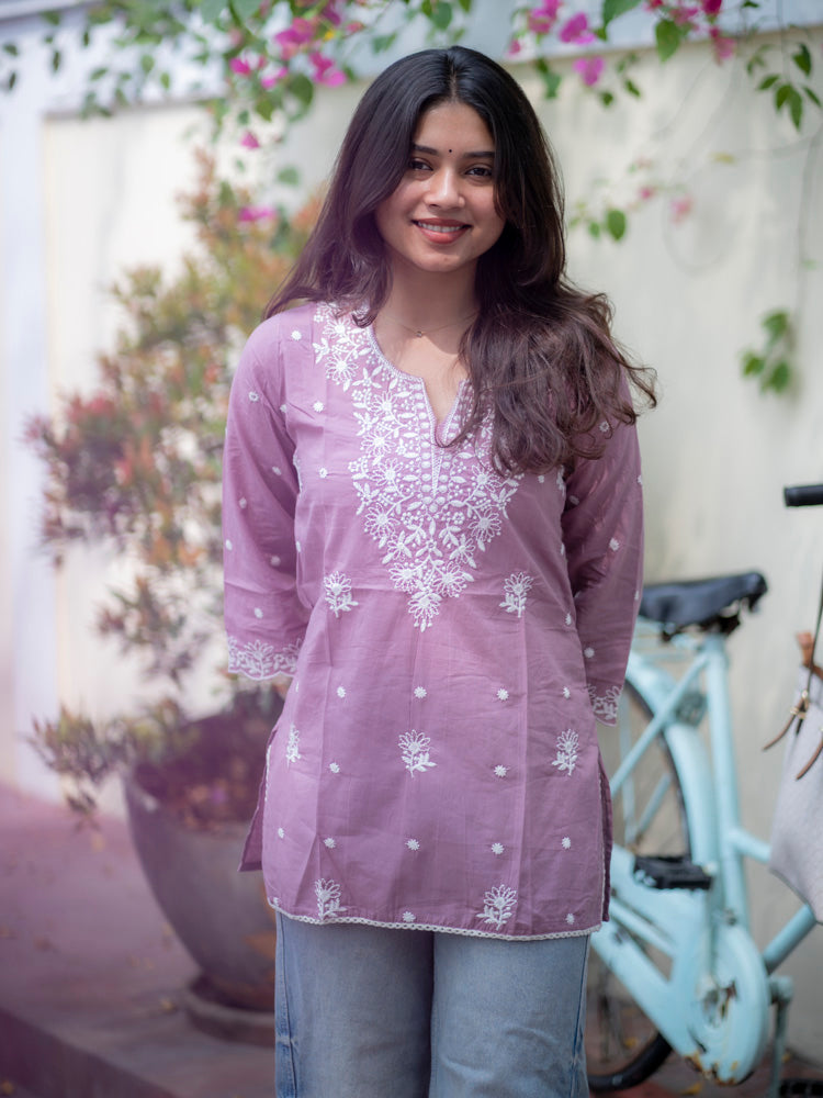Mauve Floral Embroidered Short Kurti for Women Elegant Casual Ethnic Wear