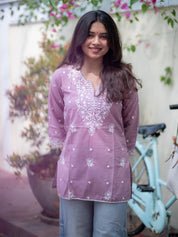 Mauve Floral Embroidered Short Kurti for Women Elegant Casual Ethnic Wear